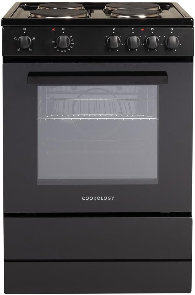 Cookology CFSP600BK/1 60cm Wide, 56 Litre Capacity Freestanding Electric Single Cooker with Solid Plate Top 4 Cooking Zone Hob and Analogue Dials – in Black.