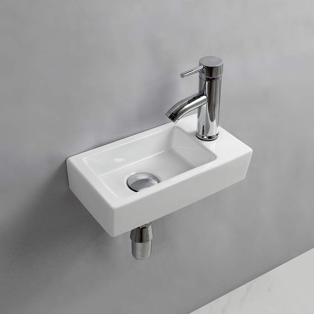 Wall Hung Basin Sink Small Cloakroom Basin Rectangle Ceramic Wash Basin (Right hand).