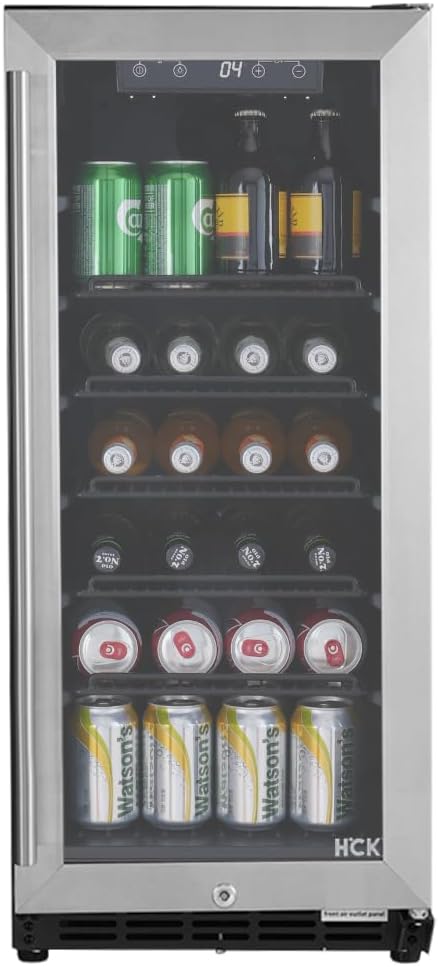 HCK Outdoor Fridge 90L Under Counter Beverage Fridge with 3-Layer Glass Door and Automatic Closing Function, 4℃ to 22℃ Temperature Range with Electronic Temperature Controller, IPX 4 Waterproof.