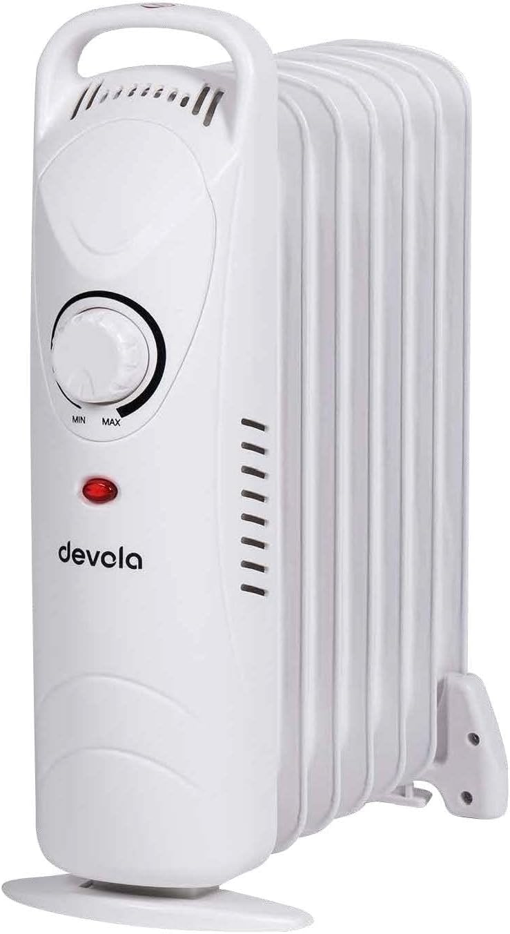 Devola 600W 7 Fin Mini Oil Filled Radiator, Free Standing Low Energy Electric Heater with Thermal Fuse for Overheat Cut Off, IP20, Power Indicator Light, Adjustable Heating Dial - DVMOR7F06B (Black).