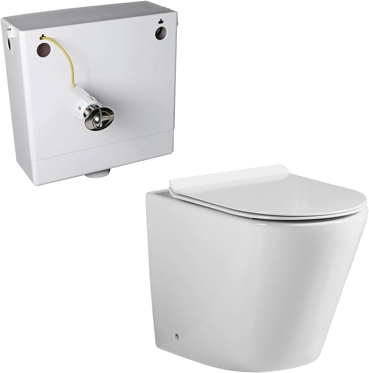 Rimless Back to Wall Toilet with Concealed Cistern Modern Round BTW Short Projection Toilet White Ceramic WC Pan Soft Close Seat Compact Toilets for Bathroom Eco Flush WC.