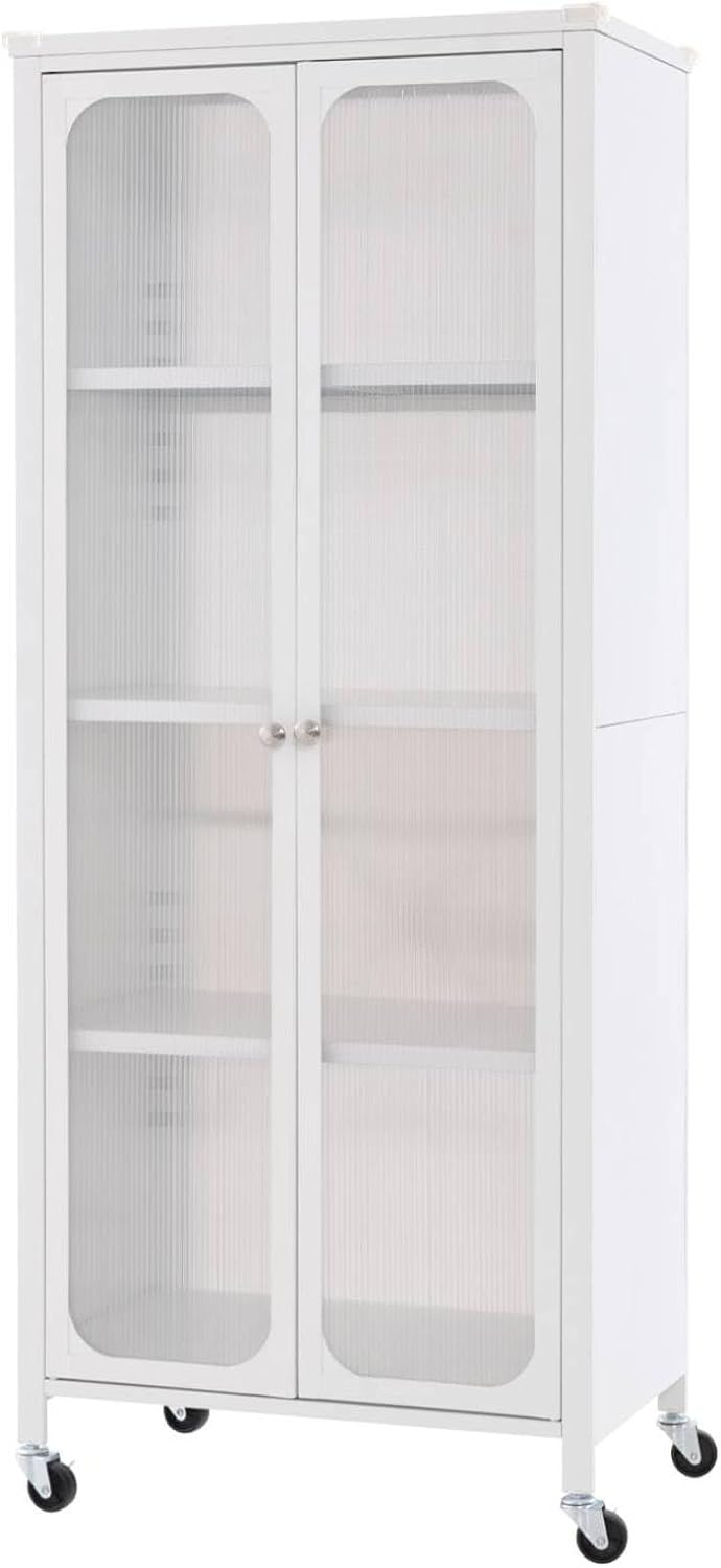 COSTWAY Mobile Storage Cabinet, Metal Frame Kitchen Pantry Cupboard with Translucent Doors, 7-Position Adjustable Shelves & Rolling Casters, Modern Sideboard Organizer for Dining Room Living Room.