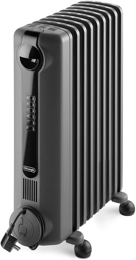 De'Longhi Radia S Oil filled Radiator for Rooms up to 60m3, Anti-frost and ECO Functions, LED Display, Timer and Safety Thermostat, with Handle and Castors, 2000W, Grey.