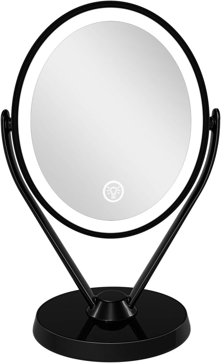 Aesfee Double-Sided 1x/7x Magnification LED Makeup Mirror, Lighted Vanity Magnified Mirror USB Chargeable, Touch Sensor Control 3 Light Settings Illuminated Countertop Mirrors (Black).