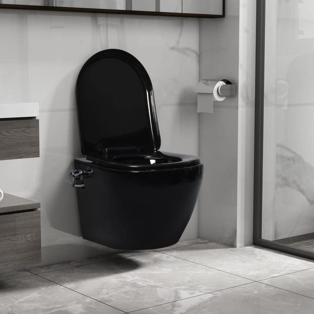 ADWOA Wall Hung Rimless Toilet with Bidet Function Ceramic Black,Modern Close Coupled Toilet, Bathrooms Toilets Back to Wall Ceramic Soft Closing Seat.