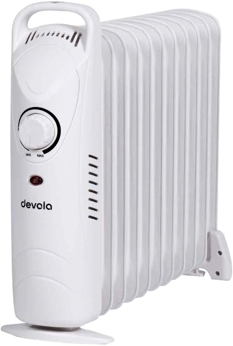 Devola 600W 7 Fin Mini Oil Filled Radiator, Free Standing Low Energy Electric Heater with Thermal Fuse for Overheat Cut Off, IP20, Power Indicator Light, Adjustable Heating Dial - DVMOR7F06B (Black).