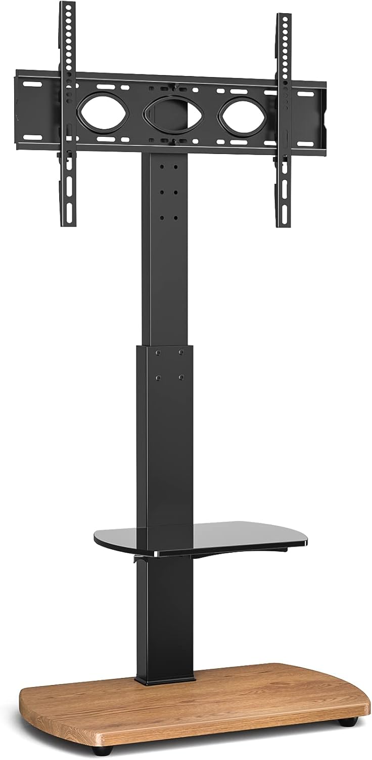 TTAP TV Stand for 32-65 Inch TV’s with Oak Base and Single Glass Shelf/With Swivel and Height Adjustable Mount Bracket (OAK).