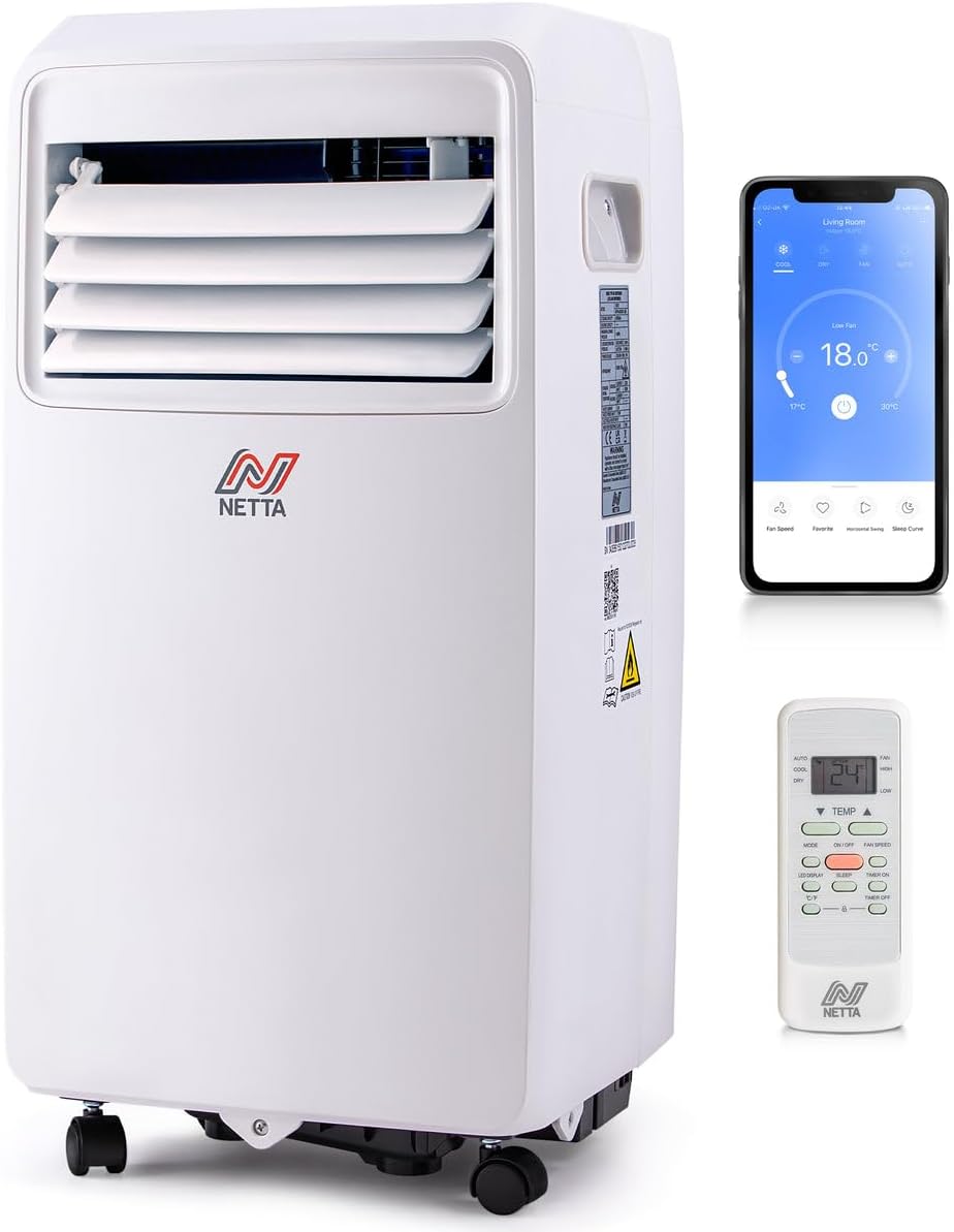 NETTA Portable Air Conditioner 3-IN-1 8000BTU, Dehumidifier, Cooling Fan - WiFi Smart App, 3 Speed Settings, Weekly Timer, Remote Control [Energy Class A] [Energy Class A].