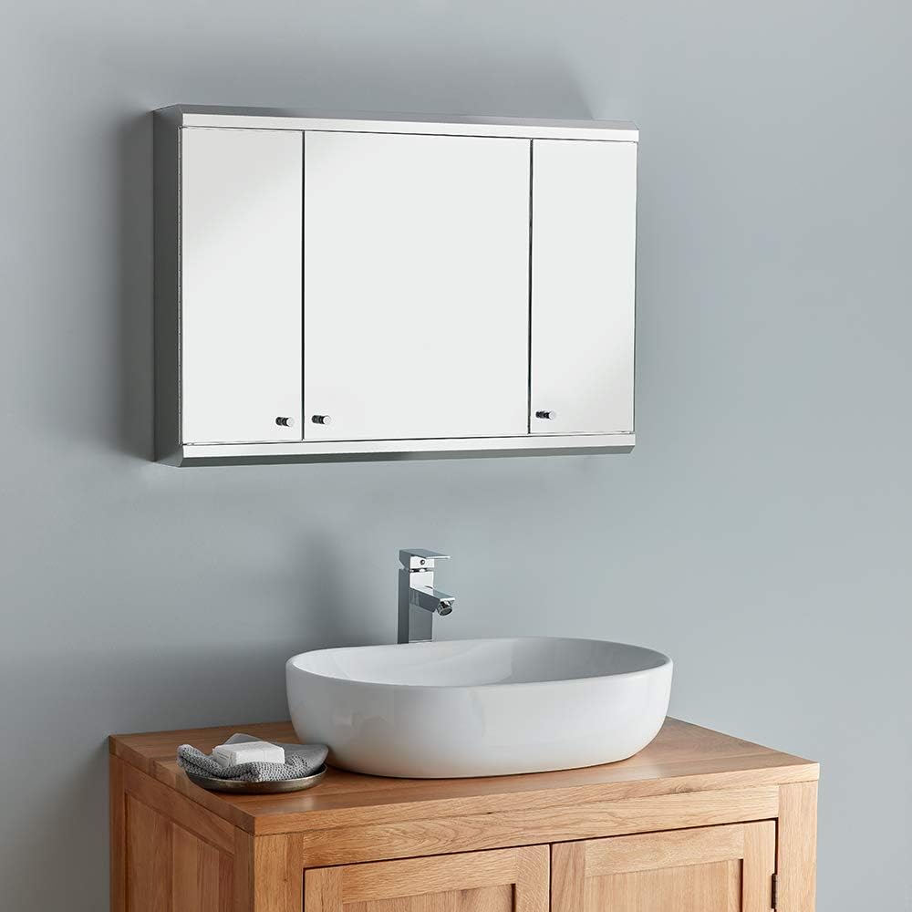 Clickbasin Large 3 Door Wall Mounted Mirror Bathroom Cabinet 800mm x 550mm BISCAY.