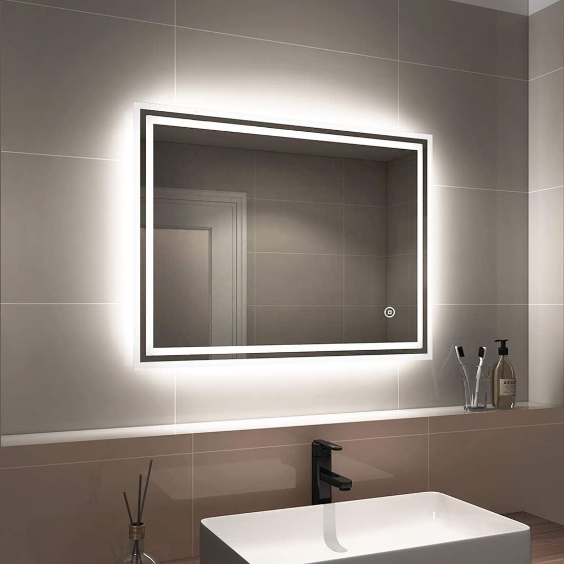 EMKE Illuminated Bathroom Mirror 800 x 600 mm, LED Bathroom Mirror 6500K Cold White Light with Touch Switch + Demister Pad, Frameless Wall Mounted Mirror Horizontal & Vertical.