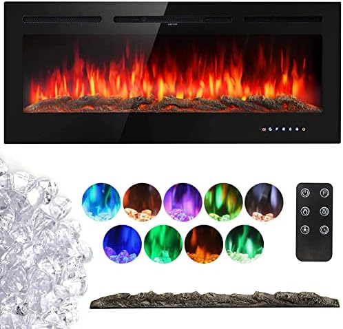 INMOZATA Wall Mounted Electric Fireplace 80inch Insert Recessed Large Media Wall Electric Fire Crystals Log Effect Flame Fire 9 LED Color with Remote Control.