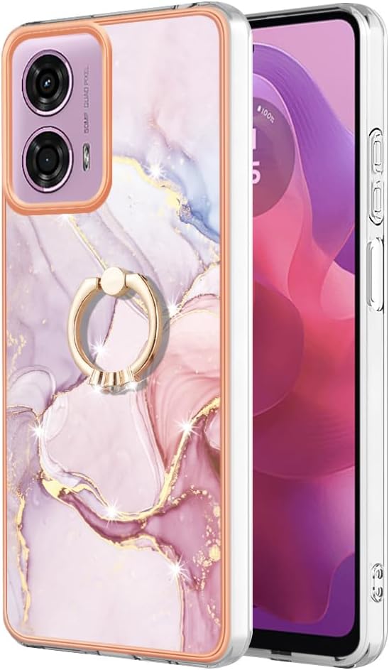 Reevermap Motorola Moto E14 Case with Ring Holder, Shockproof Silicone Marble Phone Cover Kickstand Soft Metallic TPU Rubber Bumper Case for Motorola Moto E14, Rose Gold