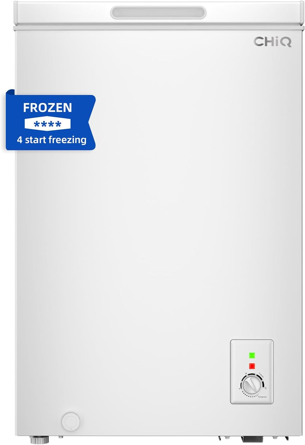 CHiQ Chest Freezer 99L, 4 Star Freezing, E, 12-Year Compressor Service, Thermostat Control, Wire-rack, Hovering Door, Low noise, For Garage, Dorm, White, 2023.