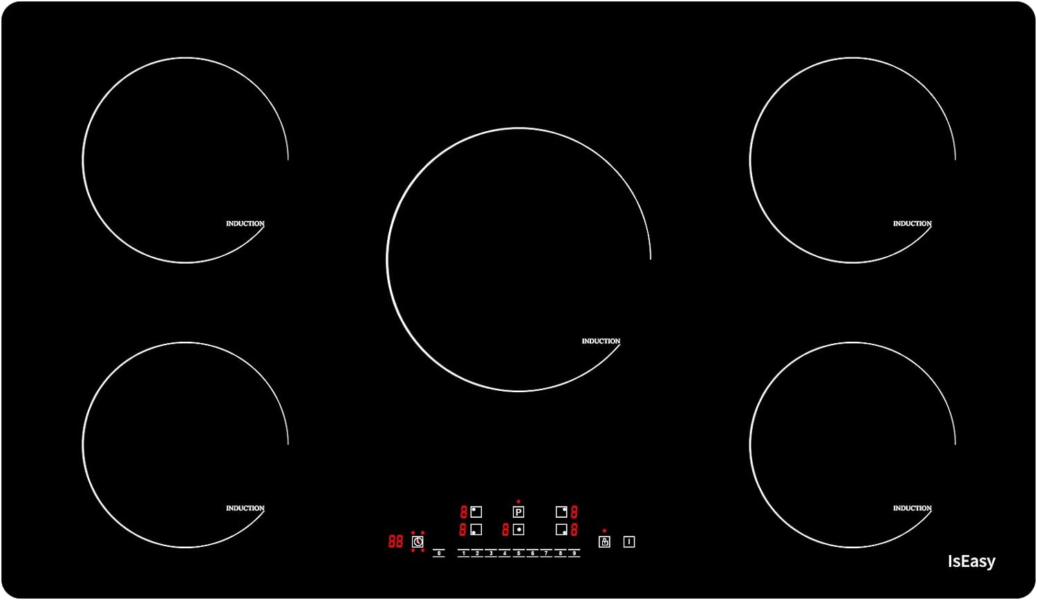 Induction Hob 5 Zone, IsEasy 90CM Electric Cooktop 8600W Built-in Induction Plate with Boost Function, Black Glass, Touch Control, Child-safety Lock&Timer.