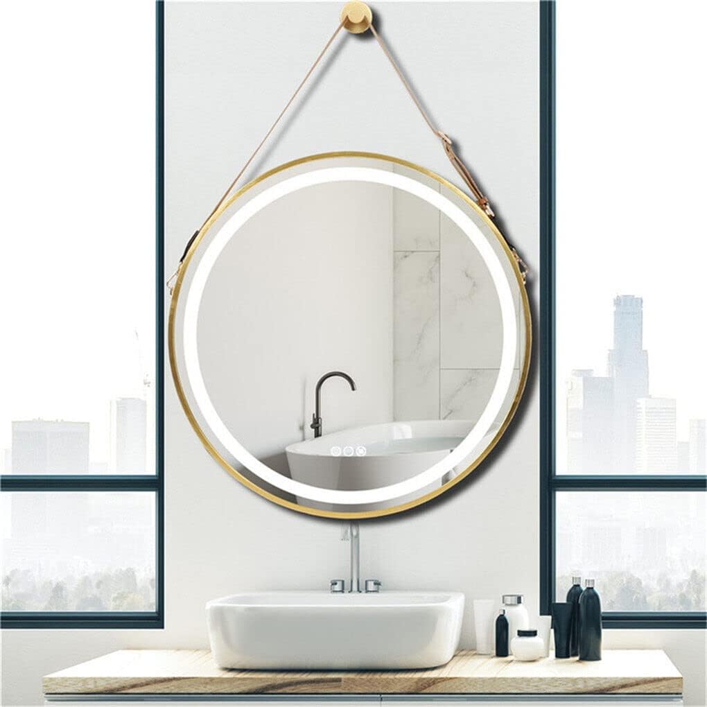 LUVODI LED Mirror with Golden Frame 600x600mm Round Illuminated Lighted Wall Hanging Bathroom Mirror with Anti-fog 3 Dimmable Lighting Colors Touch Sensor for Bathroom Bedroom Entryway.