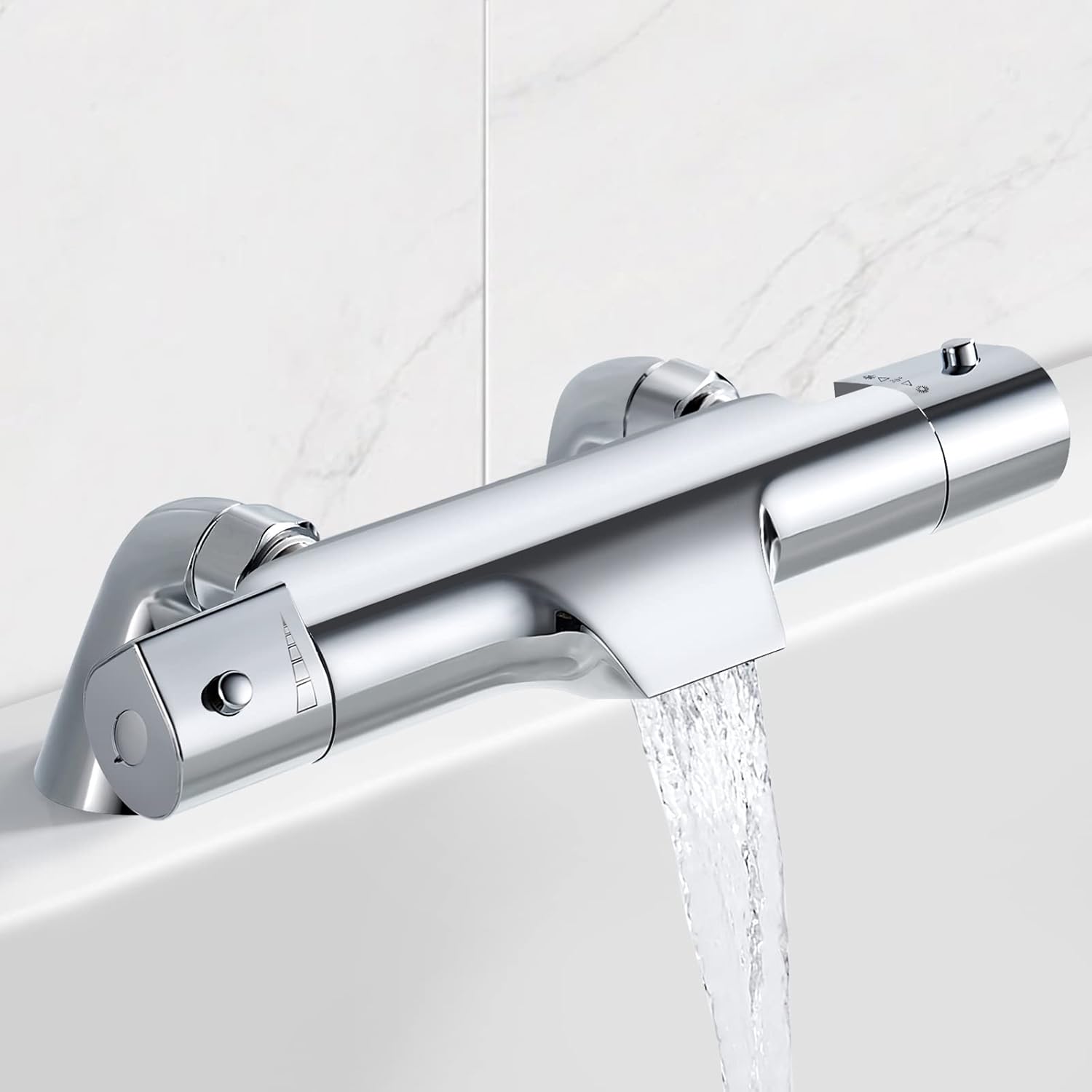 Solepearl Thermostatic Bath Shower Mixer Bar, 38℃ Thermostatic Bathtub Shower Mixer Valve with Waterfall Bath Filler Spout, Exposed Brass Thermostatic Shower Tap Anti Scald, Deck Mounted, 180mm.