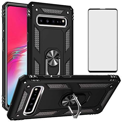 Phone Case for Samsung Galaxy S10 5G with Tempered Glass Screen Protector Cover and Stand Ring Magnetic Rugged Metal Silicone Rubber Holder Hard Shockproof Heavy Duty Accessories S105G 10S G5 Black