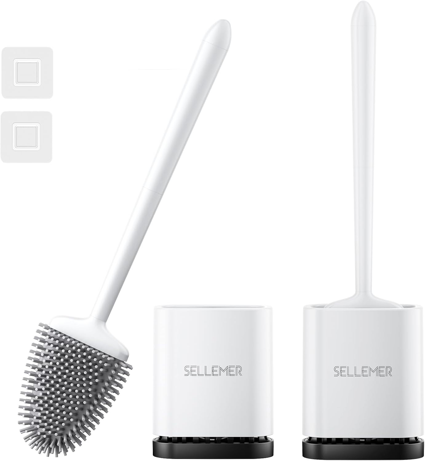 Sellemer Toilet Brush, 2 Pack Wall/Floor Mounted Toilet Brush Set with Quick Drying Ventilated Holder, Deep Cleaner Silicone Toilet Brush for Bathroom Toilet (White).