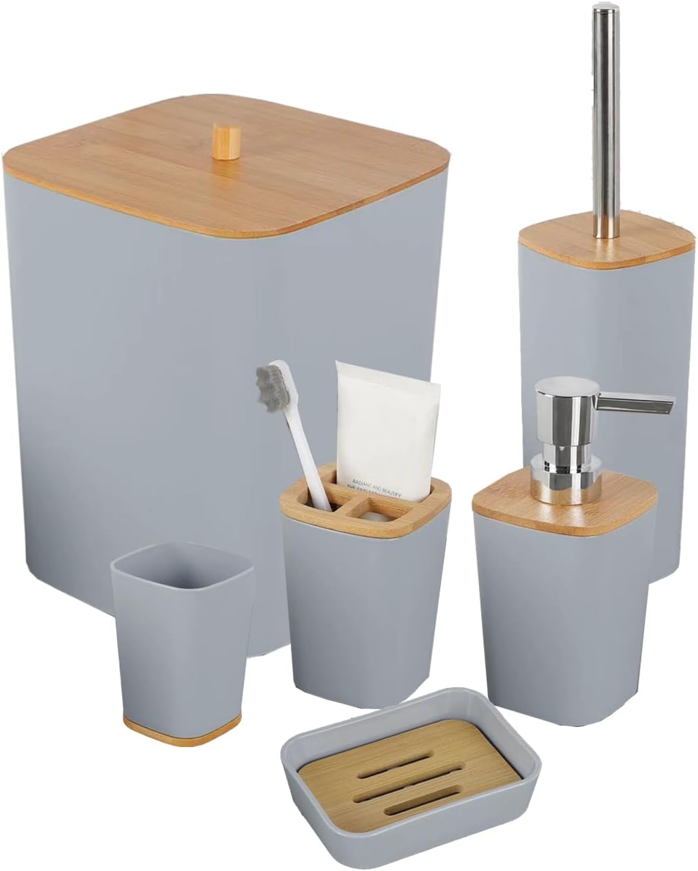 JETAINE 6 Pieces Bamboo Bathroom Accessories set, Luxury Modern Bathroom Accessory Bath Set, White Toilet Accessories w/Trash Can, Toothbrush Holder Cup, Soap Dish Holder, Soap Dispenser Gift.