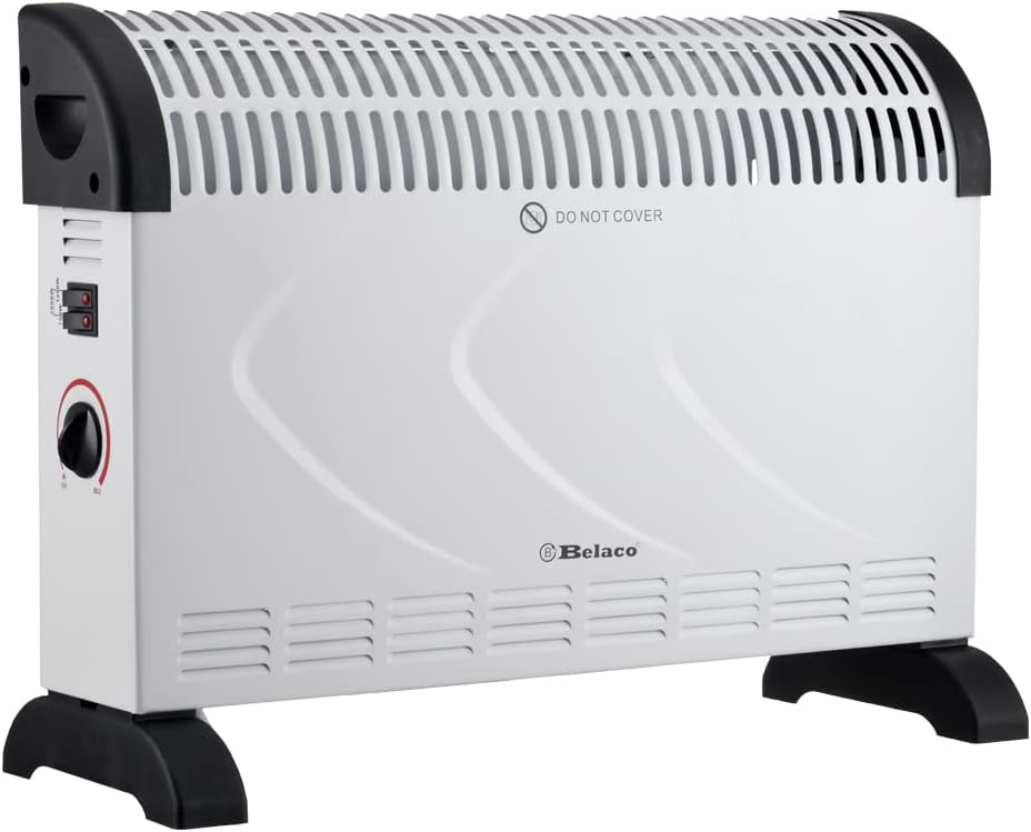 Belaco 2000W white Electric Portable Convector Heater 3 adjustable heat settings fast heating space heater including wall bracket wall Manual Thermostat Black BS plug.