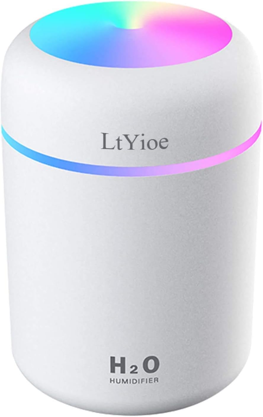 LtYioe Humidifier Portable Mini Humidifiers for Bedroom, Personal Desktop Air Humidifier with Colorful Cycling Light, 2 Mist Modes and Auto Shut-Off, Super Quite for Office Home Car(White).