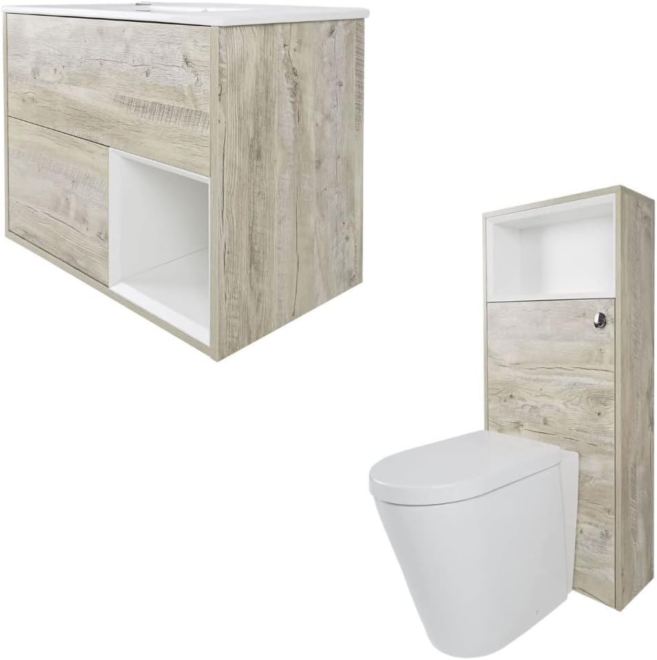 Milano Bexley - Light Oak 810mm Bathroom Vanity Unit with Basin, Toilet WC Unit, Back to Wall Pan and LED Lights.