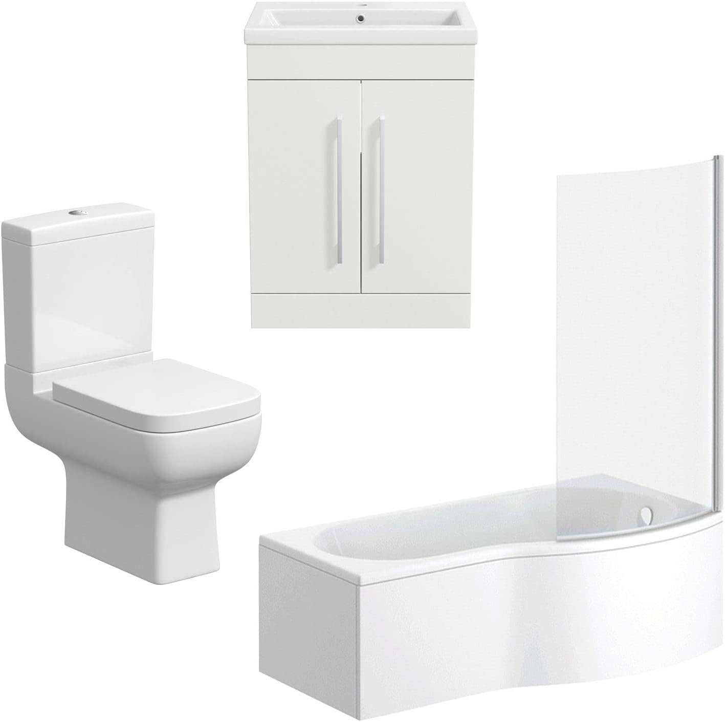 AURORA Bathroom Suite Vanity Unit Basin P Shape Bath Close Coupled Toilet White RH.