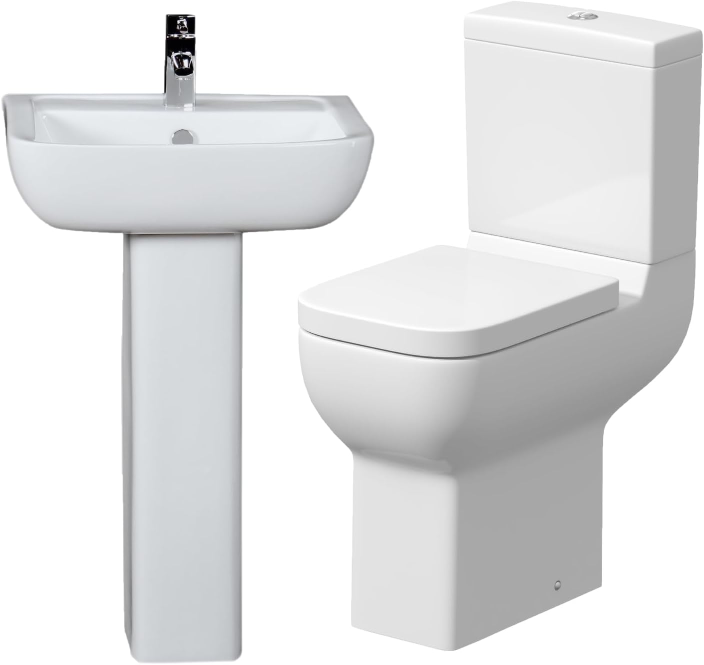 BAYSTONE Bathroom Cloakroom Suite Comfort Height Toilet WC Basin Pedestal White Gloss.