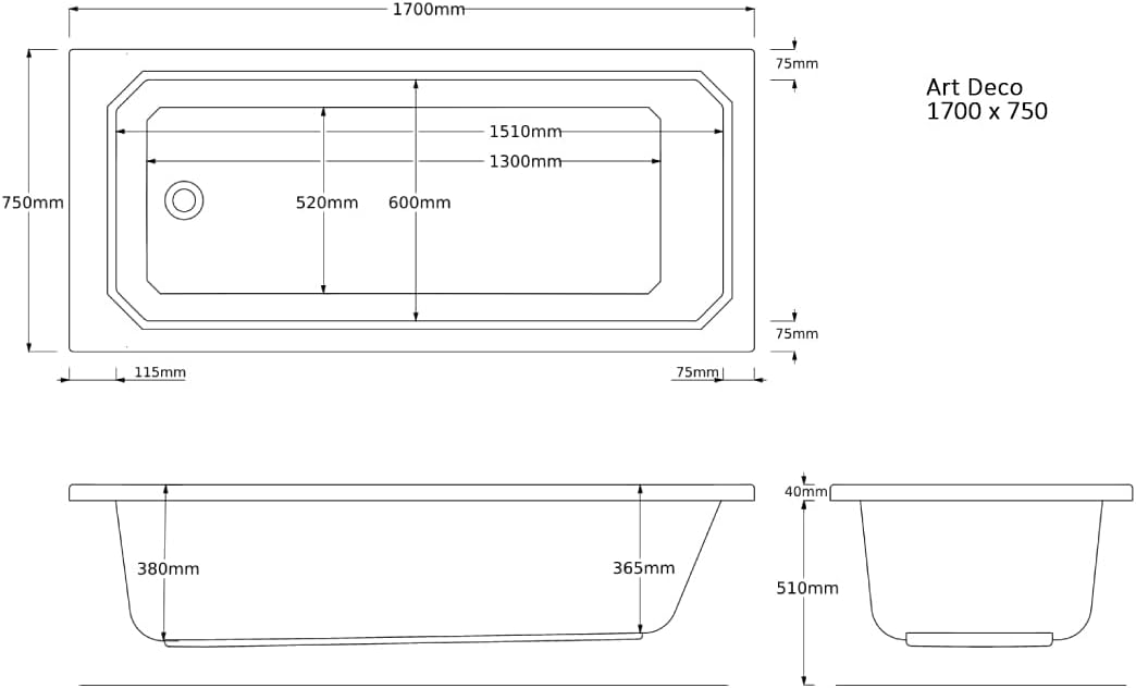 Aquariss 1700x750mm Designer Square Single Ended Bath Straight Bathroom Bathtub.