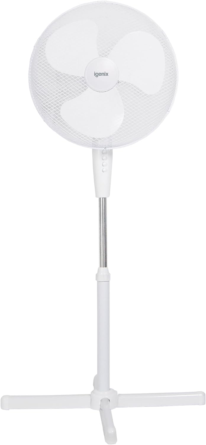 Igenix DF1655 Pedestal Fan, 16 Inch, 3 Speed Settings, Quiet Operation, Oscillating, Adjustable Height, Cooling Fan, Ideal for Home and Office, 40 Watts, White.