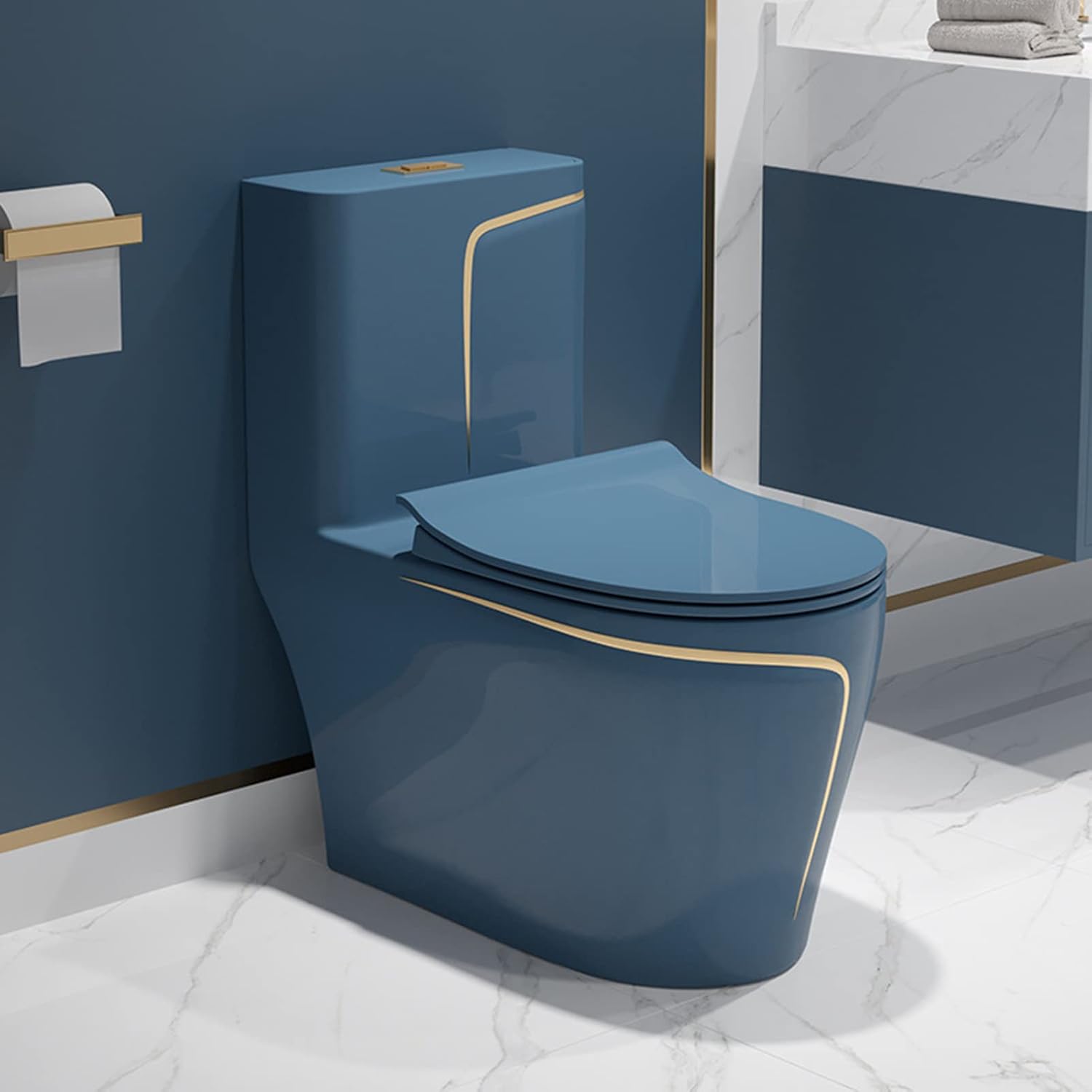 Blue Toilet, Modern Minimalist Colorful Ceramic Toilet, One-piece Dual Flush Toilet 8.0 Large Diameter Toilet Bowl with Comfortable Seat Height, Soft Close Seat (Round).