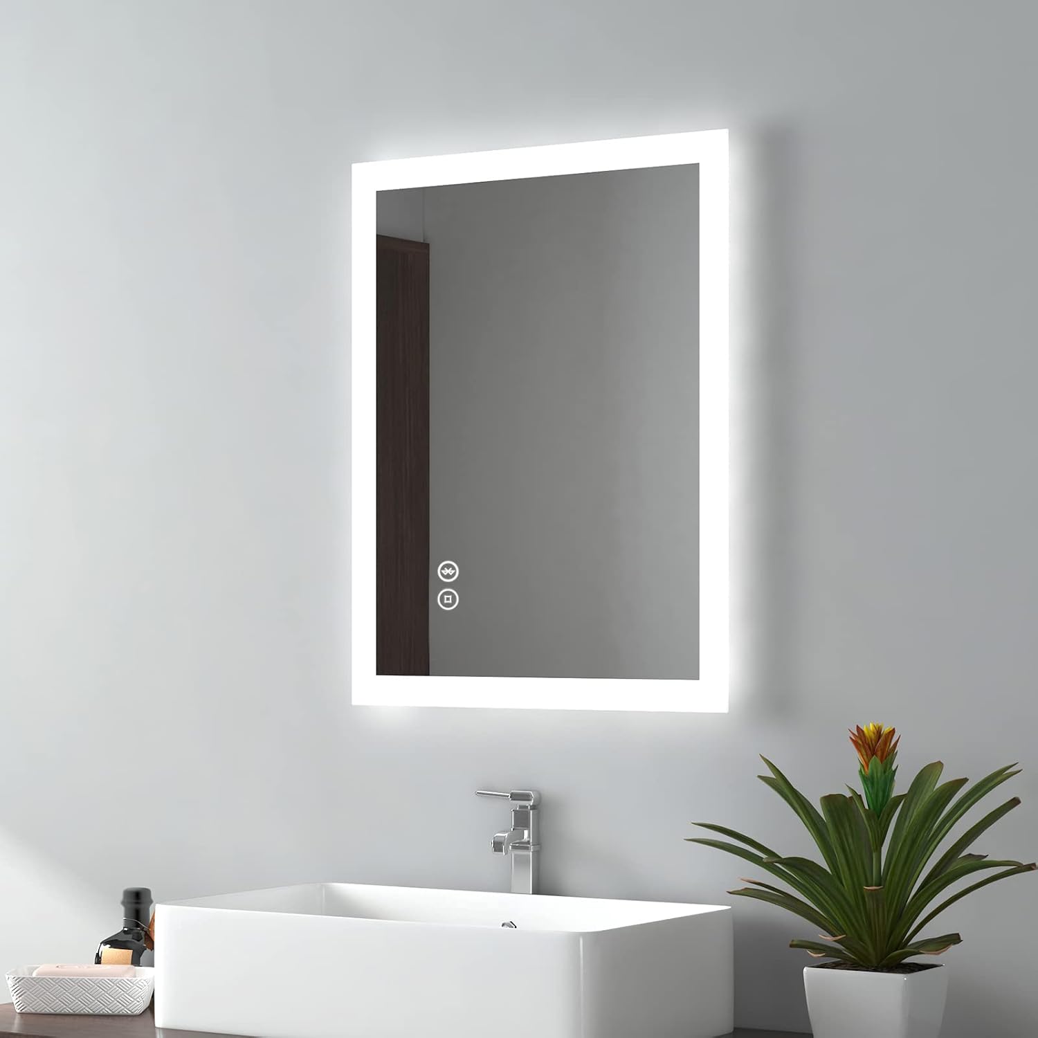 EMKE 450 X 600 mm Illuminated Backlit LED Bathroom Mirror, Wall Mounted Multifunction Bathroom Vanity Mirror with Lights and Demister Pad, Energy-Saving Illuminated Smart Mirror.