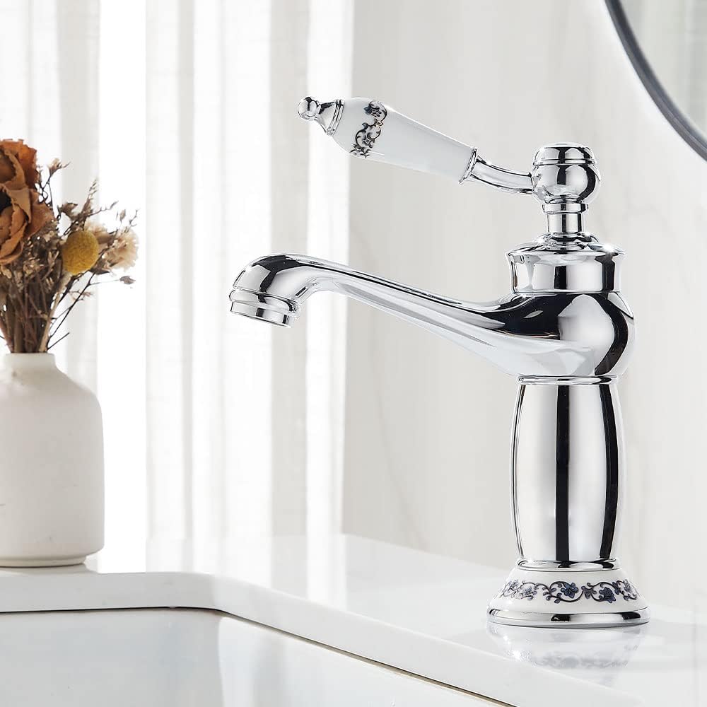 Maynosi Retro Bathroom Basin Mixer Tap, Luxury Victorian Mixer Taps with Floral Ceramic Handle, Single Lever Mono Vintage Sink Faucet for Cloakroom, Include Flexible Tails, Brass (Chrome).