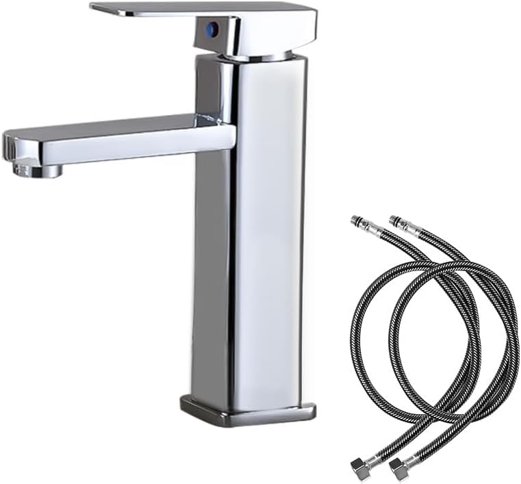 Silver Bathroom Taps, Silver Basin Tap with Single Lever for Hot and Cold Lavatory, Basin Tap with Two Hoses for WC, Bathroom.