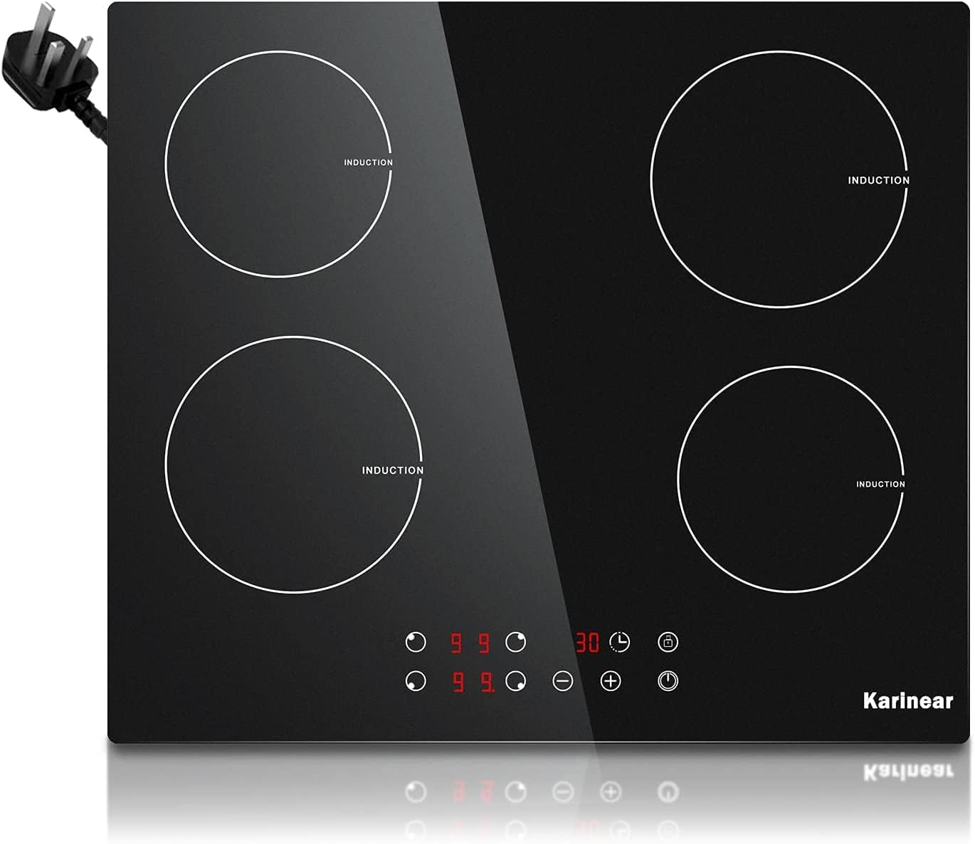 Karinear Plug in Induction Hob, 4 Zones Electric Hob 60cm, with Touch Control & Child Safety Lock, Black Crystal Glass.