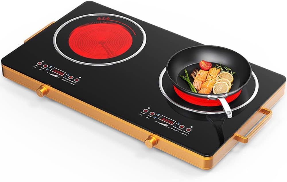 MNSSRN Two-Burner Electric Ceramic Hob, Stainless Steel Cooktop with Digital Display Panel Burner Hotplate.