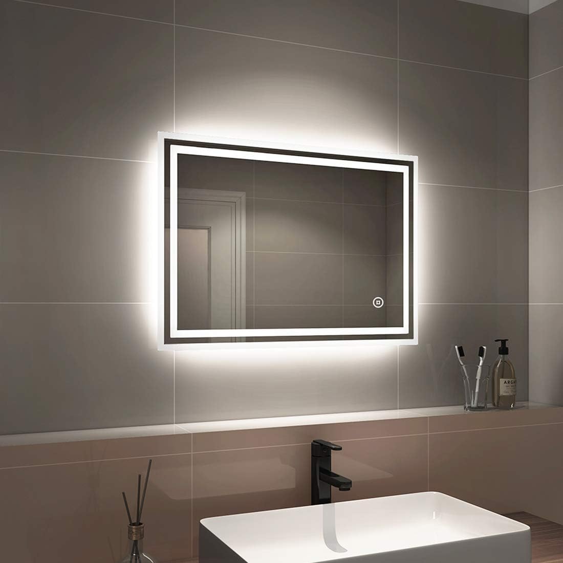 EMKE Illuminated Bathroom Mirror 800 x 600 mm, LED Bathroom Mirror 6500K Cold White Light with Touch Switch + Demister Pad, Frameless Wall Mounted Mirror Horizontal & Vertical.