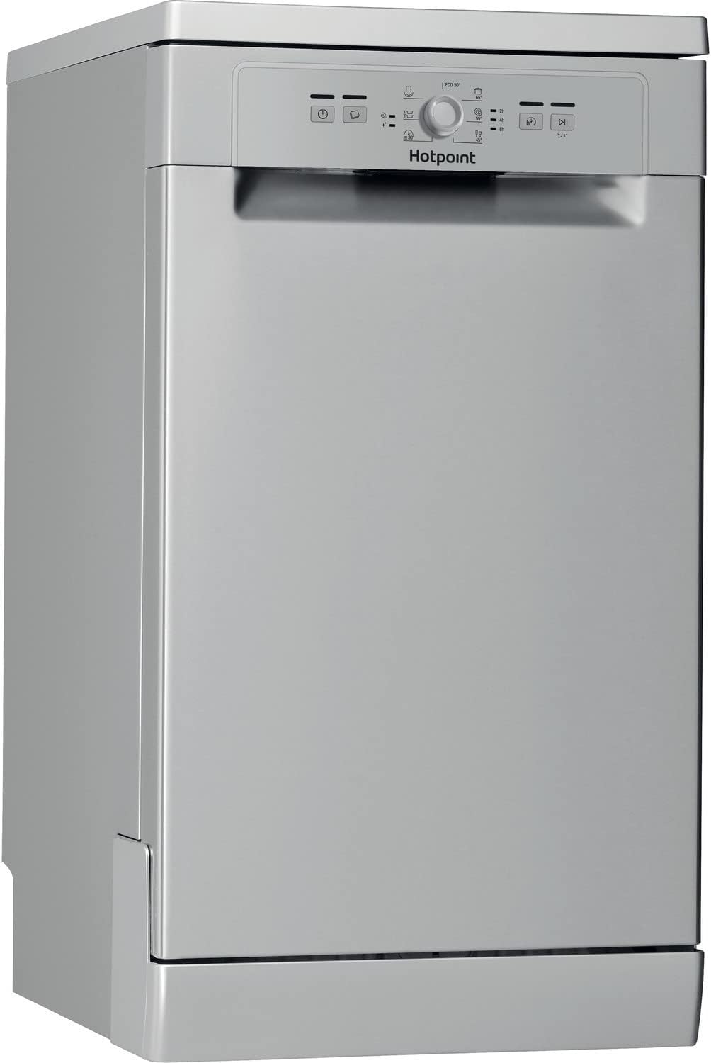 Sleek Silver 10 Place Setting Slimline Dishwasher by Hotpoint.