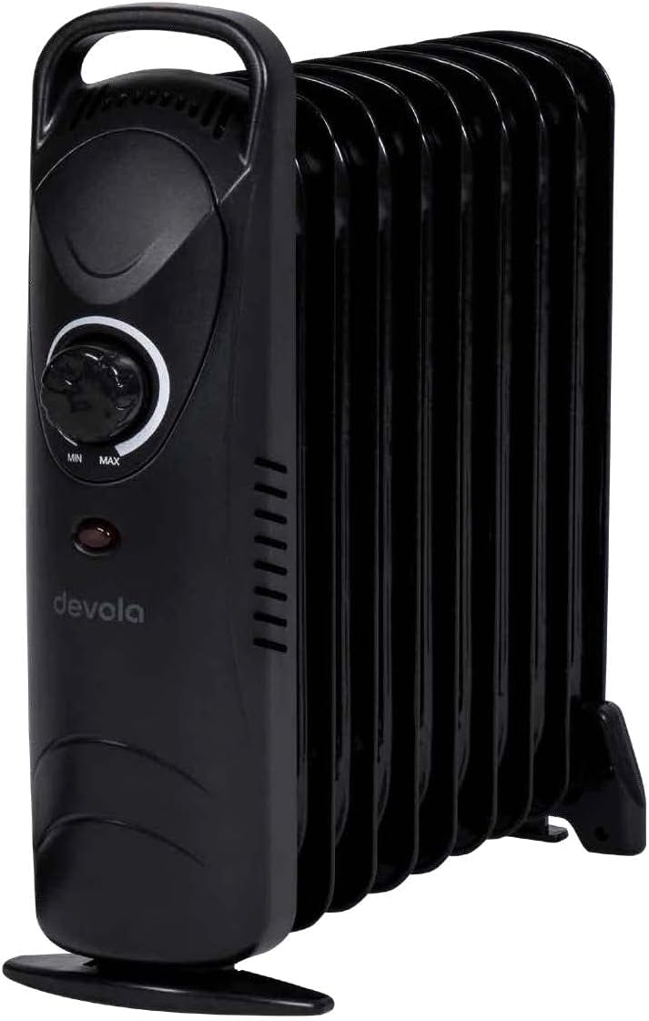 Devola 600W 7 Fin Mini Oil Filled Radiator, Free Standing Low Energy Electric Heater with Thermal Fuse for Overheat Cut Off, IP20, Power Indicator Light, Adjustable Heating Dial - DVMOR7F06B (Black).