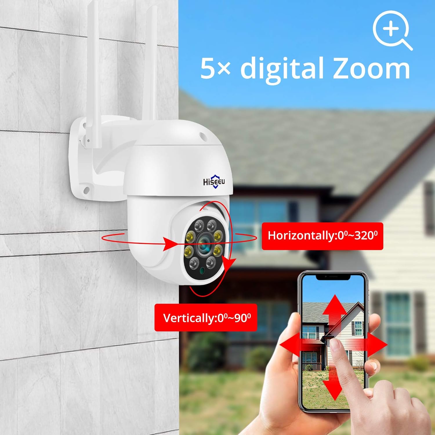 【5MP+Auto Tracking】Security Camera Outdoor with Color Night Vision,Hiseeu 5MP PTZ Digital Zoom Wifi Security Camera 360° View CCTV Camera with 2 - Way Audio,Auto Cruise,IP66 Waterproof,Work with Alexa - Amazing Gadgets Outlet