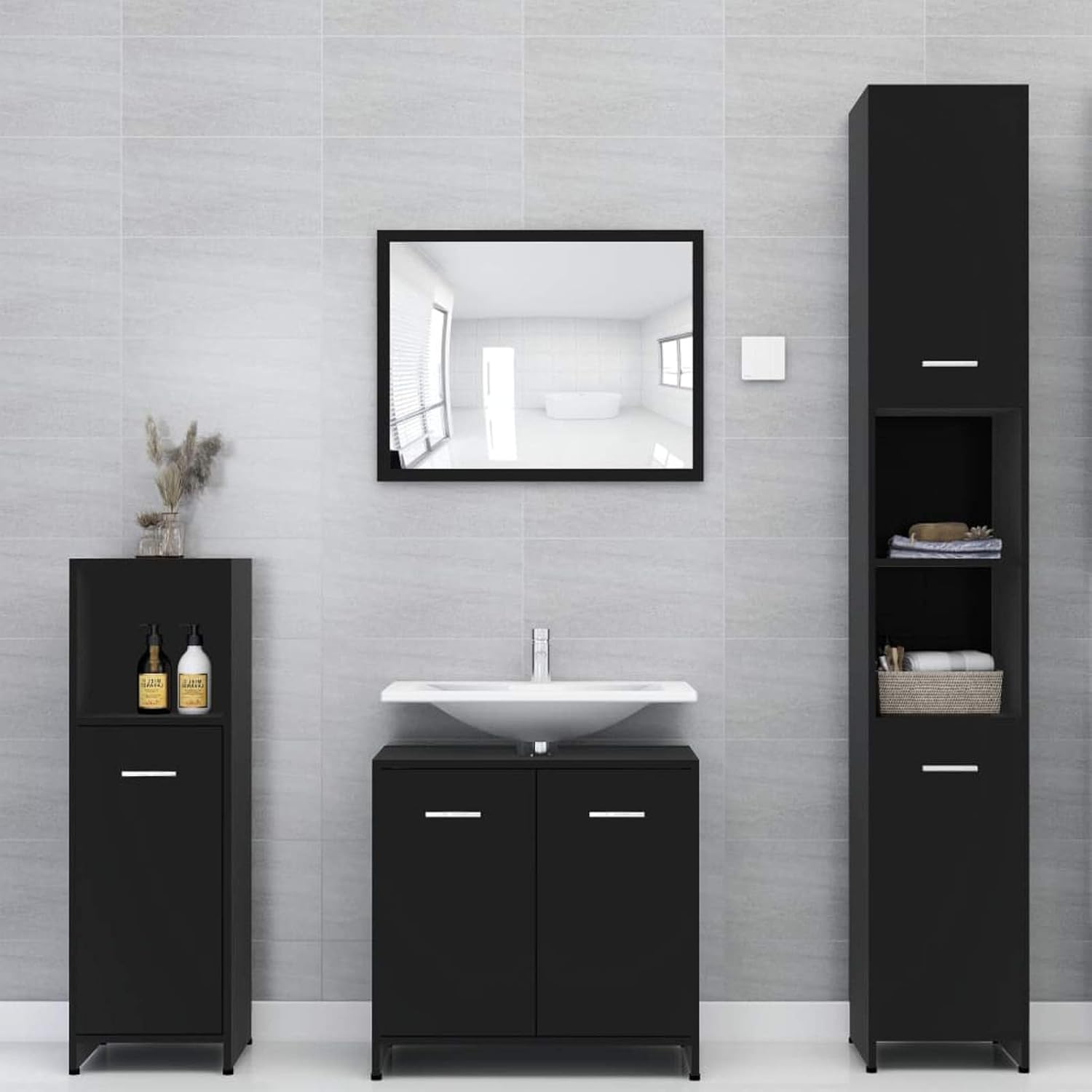 Gecheer Bathroom Cabinet Tall Cabinet Cupboard Storage Cabinet Hallway Storage Unit Freestanding Bathroom Storage Cabinet Tower Organisation Home Bathroom Furniture Black 30x30x183.5 cm Chipboard.