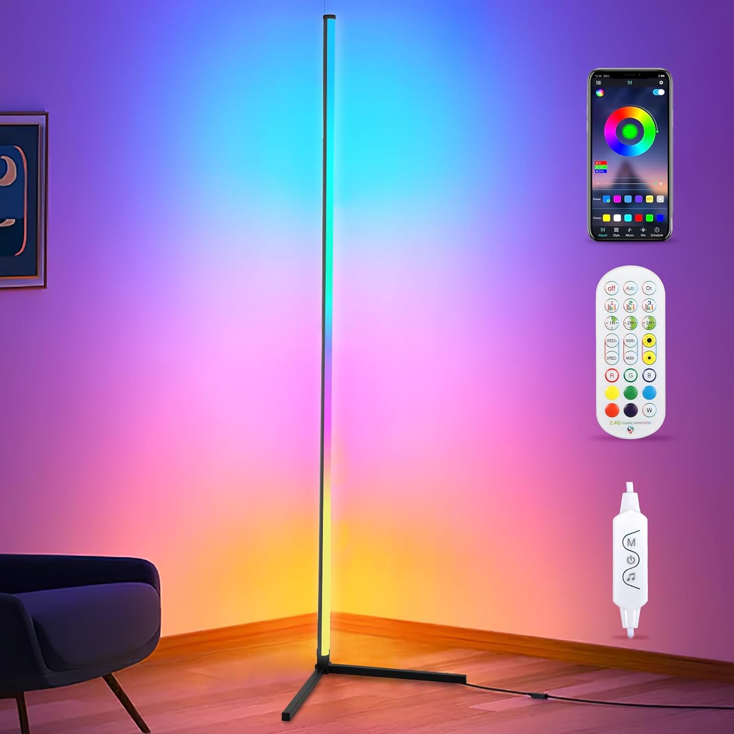 Mersyn Smart LED Floor Lamp, 160CM RGB Corner Floor Lamp 16 Million Color Changing Mood Light with Music Sync, Remote & App Control, DIY Mode & Timing, Modern Mood Lighting for Living Room.