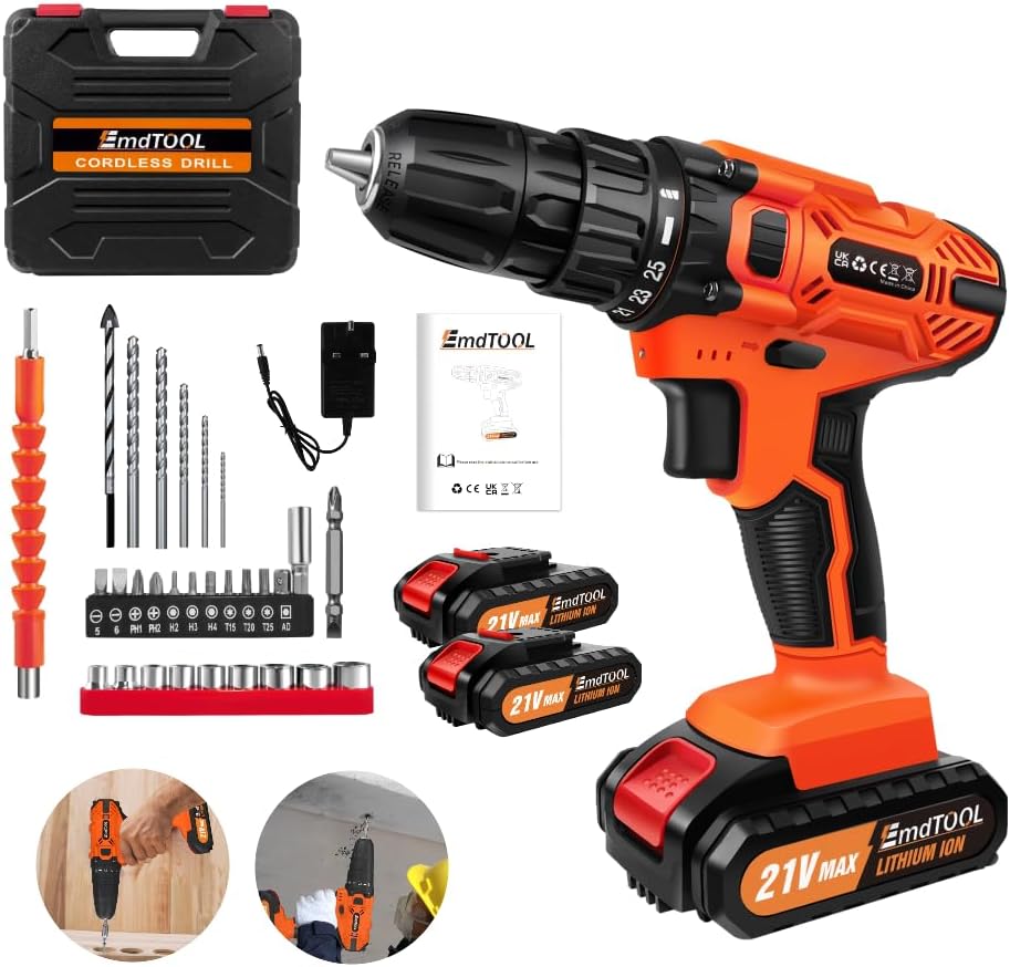 Cordless Drill Driver 21V,Cordless Drill Power Tool Electric Screwdriver,25+1 Torque,2 Speed,LED Light,29 Accessories,Cordless Combi Drill Kit for Home and Garden DIY, (2 Batteries)-Orange.