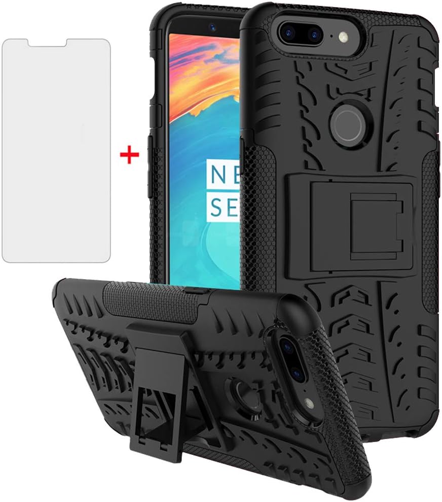 Phone Case for Oneplus 5T with Tempered Glass Screen Protector and Stand Kickstand Hard Rugged Hybrid Accessories Heavy Duty Shockproof Oneplus5T five T One plus5t 5tcase oneplus5tcase Girls Red