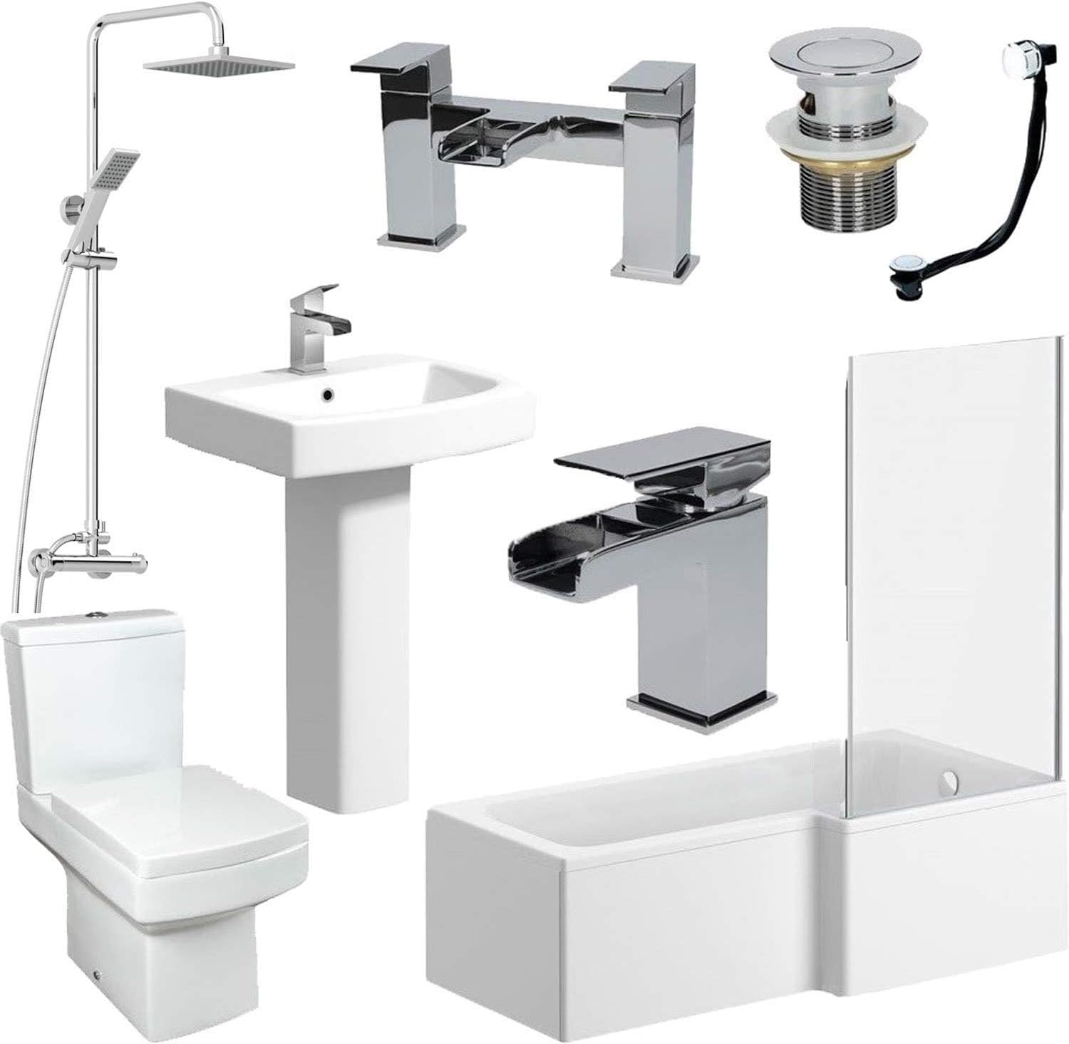 BAYSTONE Complete Bathroom Suite Package L Shaped Right Hand 1700mm Shower Bath 5mm Screen Basin Sink Floorstanding Pedestal Toilet Tap and Waste Set Modern.