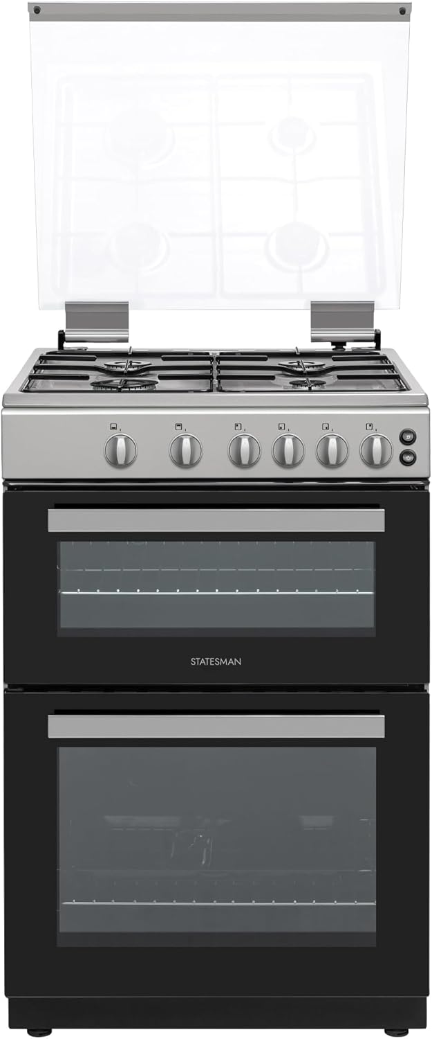 Statesman GDL60S Double Oven Gas Cooker with Glass Lid & Closed Door Grilling, 4 Gas Burners, 60cm Wide, Silver