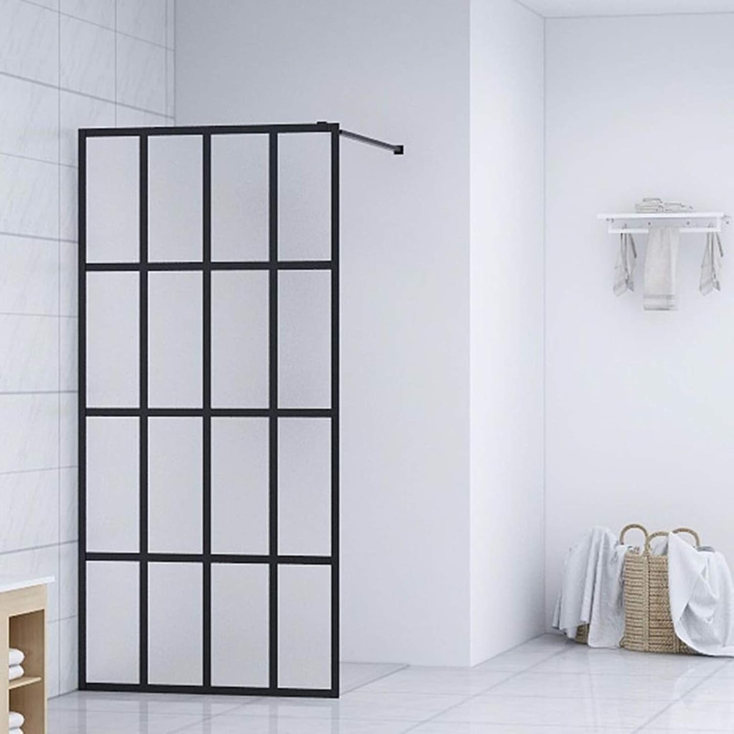 GuyAna Over Bath Shower Screen Door Framed Black Square Grid Toughened Safety Clear Glass Panel Bathroom Bath Screens,Walk-in Shower Screen Frosted Tempered Glass 90x195 cm.