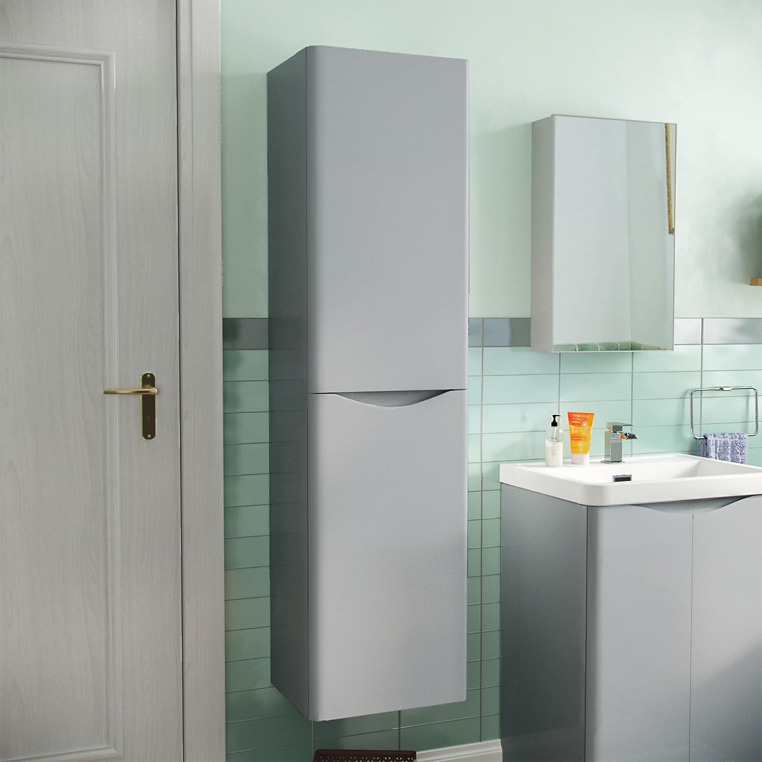 Nes Home Bathroom 1500mm Steel Grey Wall Hung Furniture Tall Storage Cabinet.