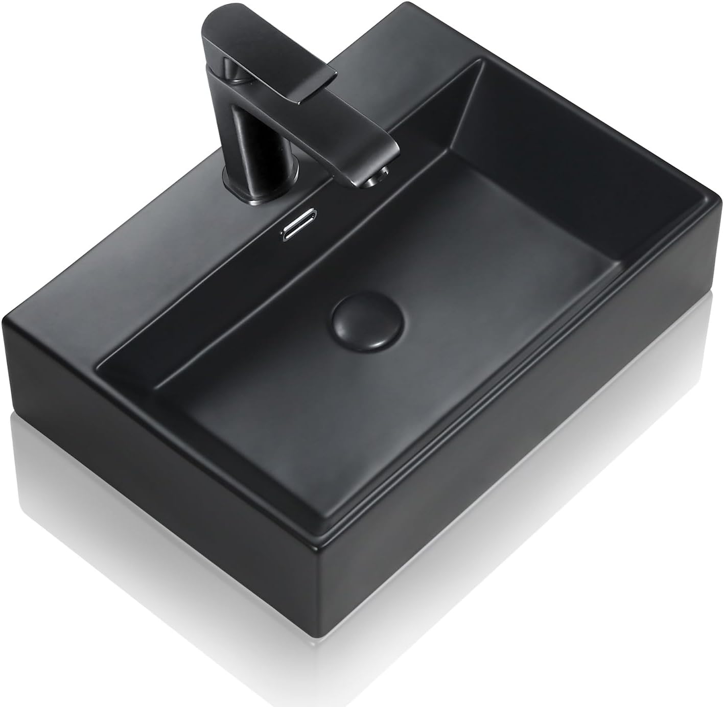 Bathroom Sink Basin Ceramic - Wall Mounted Bathroom Vessel Rectangle - Vanity Bath Sink Matt Black 23.6" x 16.5" x 5.5" - Countertop Basin with Overflow - Art Basin with Pop-up Drain.