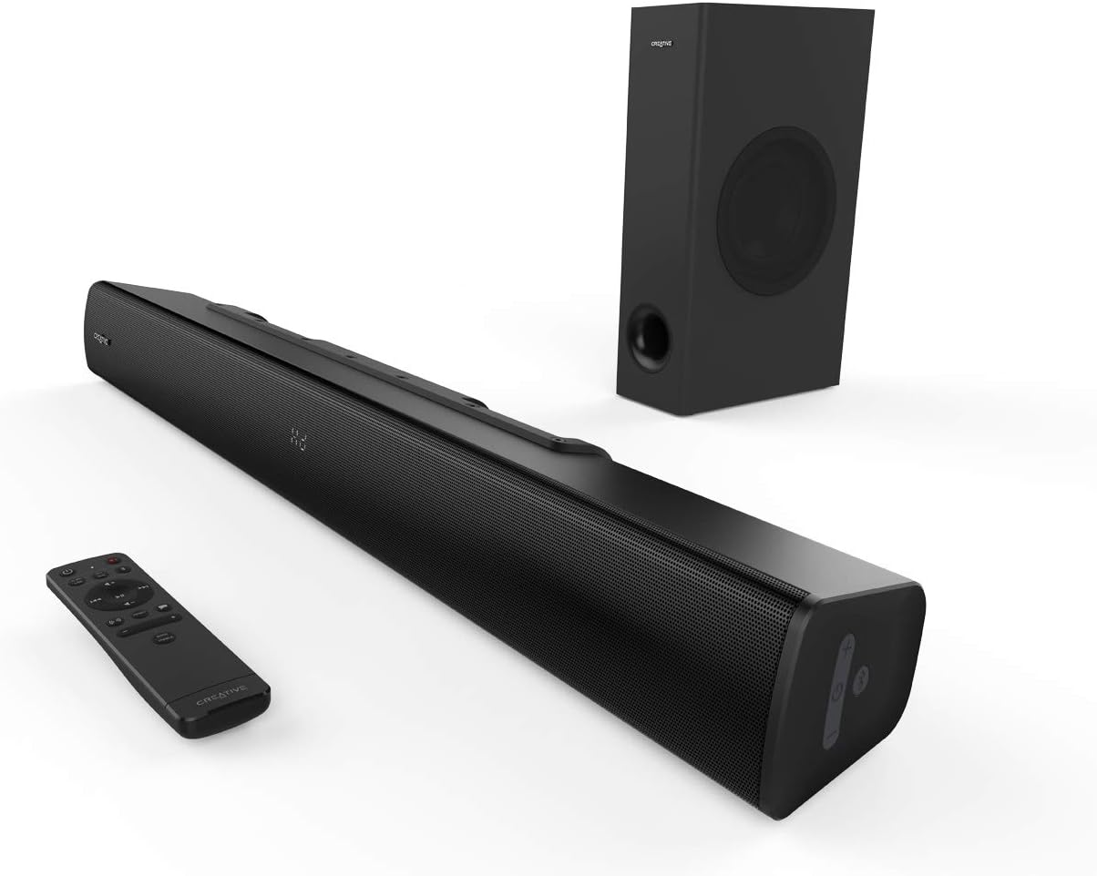 CREATIVE Stage V2 2.1 Soundbar with Subwoofer, Clear Dialog and Surround by Sound Blaster, Bluetooth 5.0, TV ARC, Optical, and USB Audio, Wall Mountable, Adjustable Bass and Treble, for TV.